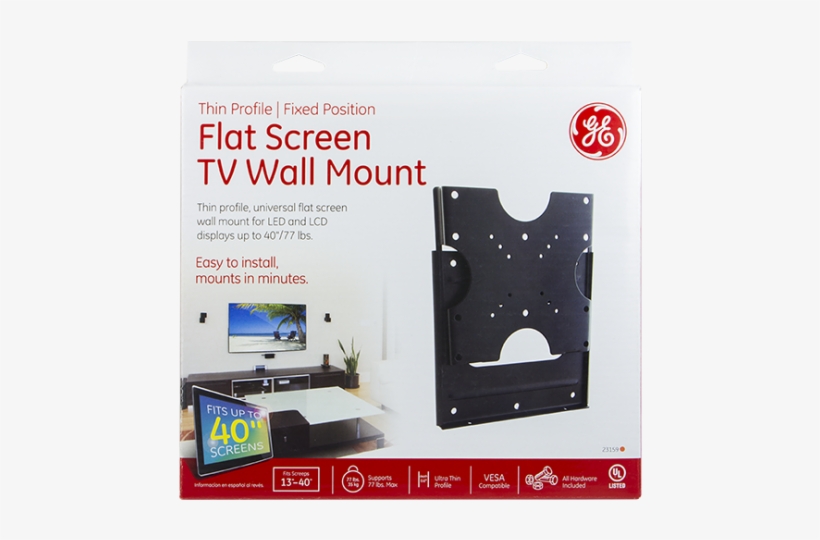 Ge Thin-profile Fixed Flat Screen Tv Wall Mount In - Ge Flat Screen Tv Wall Mount, Thin Profile, transparent png #658091