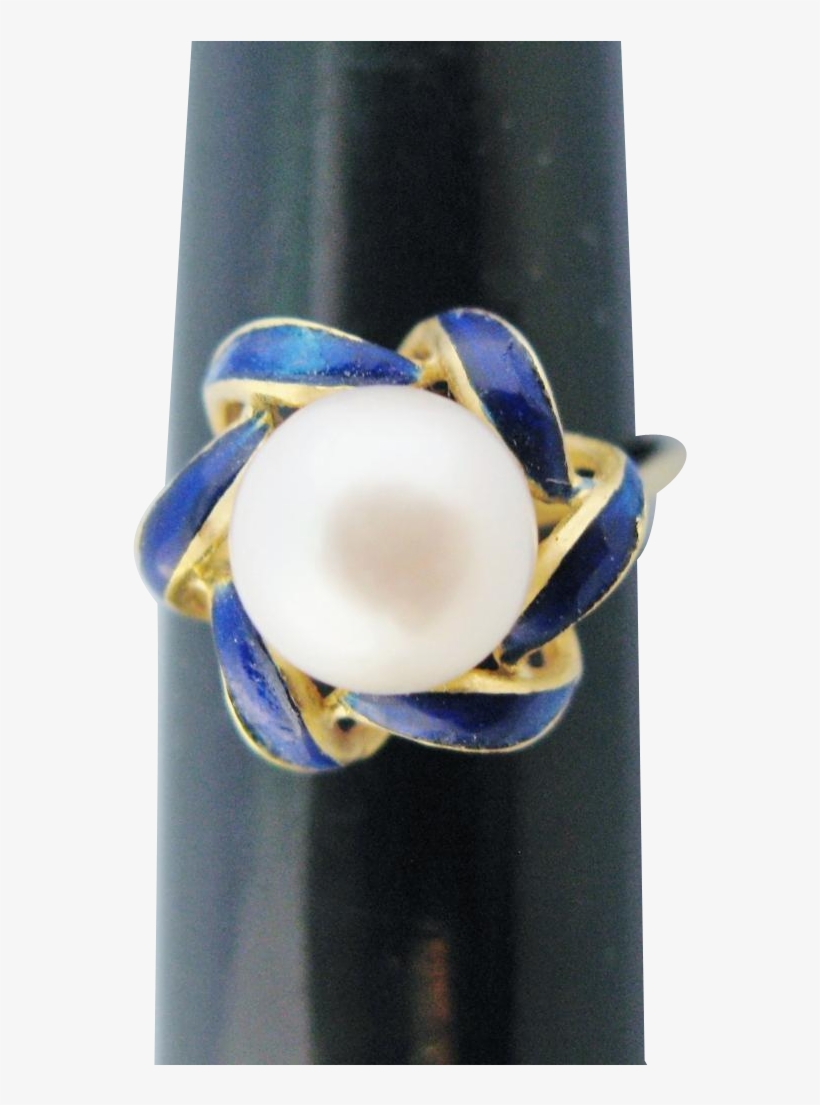 Vintage 18k Gold Ring Pearl Solitaire Cobalt Blue Enamel, transparent png #6575477