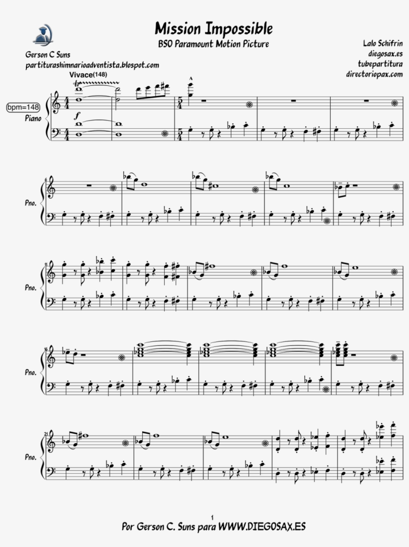 Partitura Para Piano De Misión Imposible Tema Principal, transparent png #6695288