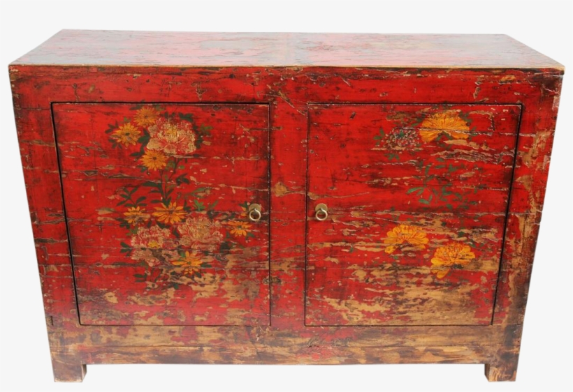 Vintage Red Painted Floral Cabinet On Chairish - Red, transparent png #693469