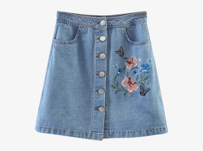 Embroidered Single-breasted Denim Skirt Light Blue, transparent png #6950910