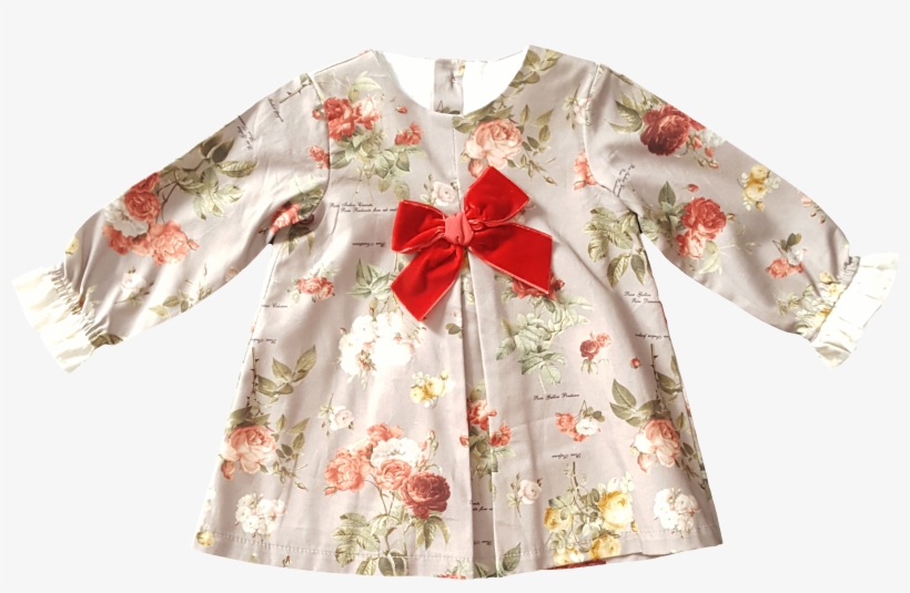 Vestido Cinza Com Estampado Floral Com Laço Vermelho, transparent png #6988483