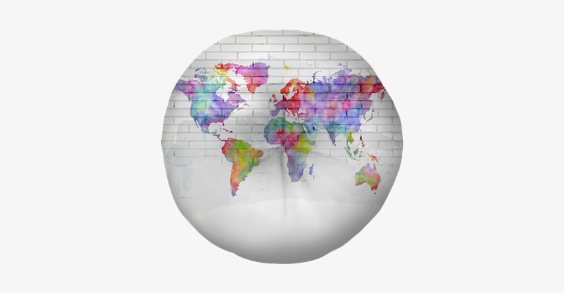 Watercolor World Map On A Brick Wall Tufted Floor Pillow - World Map, transparent png #76055