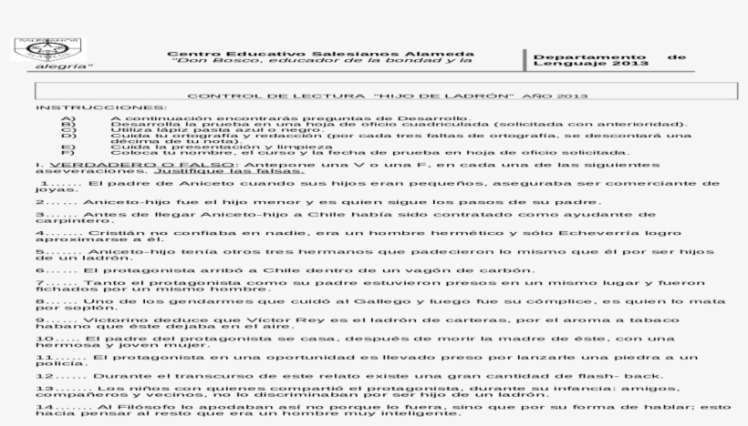 Control De Lectura Hijo De Ladrn Seleccion Multiple, transparent png #7010797