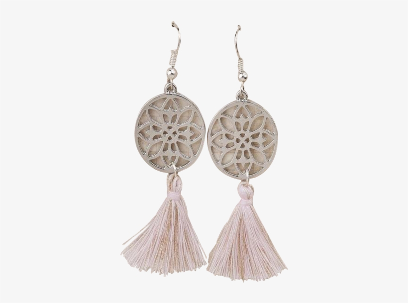 Mandala Silver Tone Light Pink Tassel Earrings, transparent png #7053046
