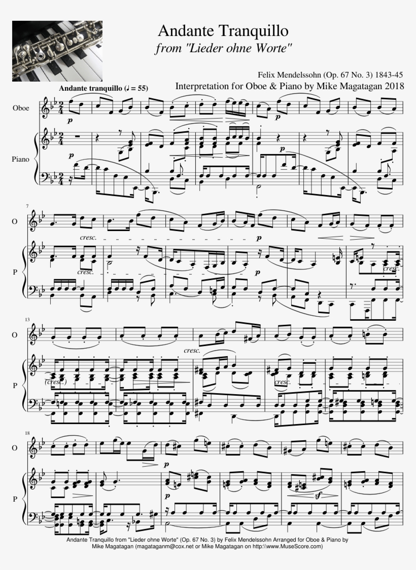 Andante Tranquillo From "lieder Ohne Worte" For Oboe, transparent png #7090241
