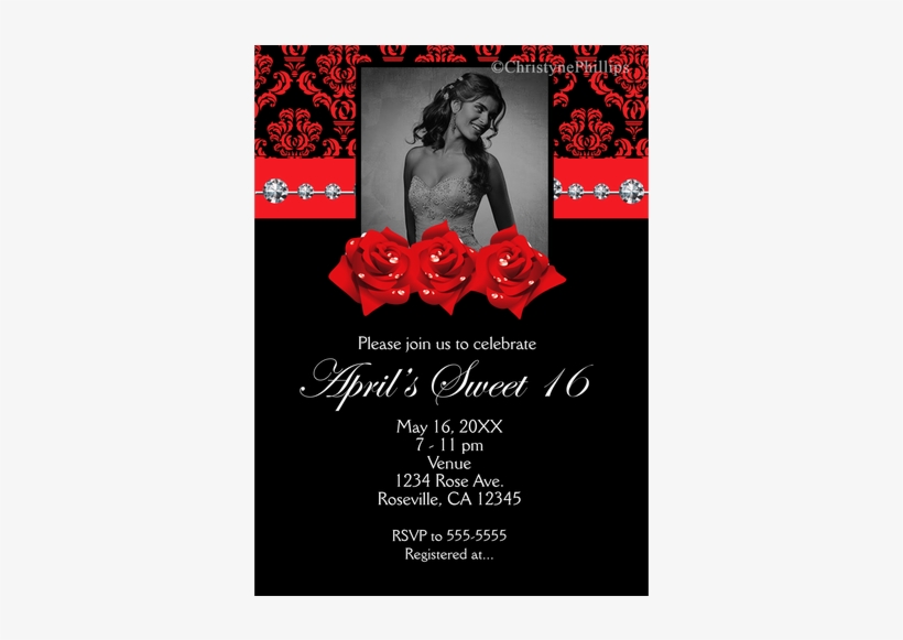 Red & Black Damask And Roses Bling Sweet 16 Birthday - Poster, transparent png #713809