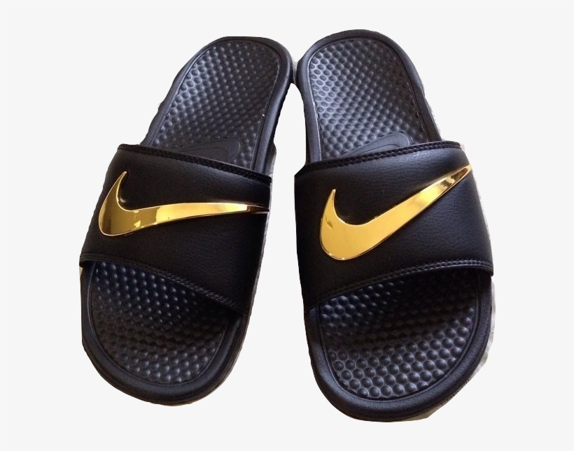 Custom Black Nike Sandals With Gold Swoosh Free Transparent Png