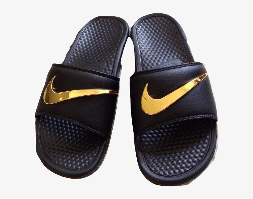 Custom Black Nike Sandals With Gold Swoosh, transparent png #7136430