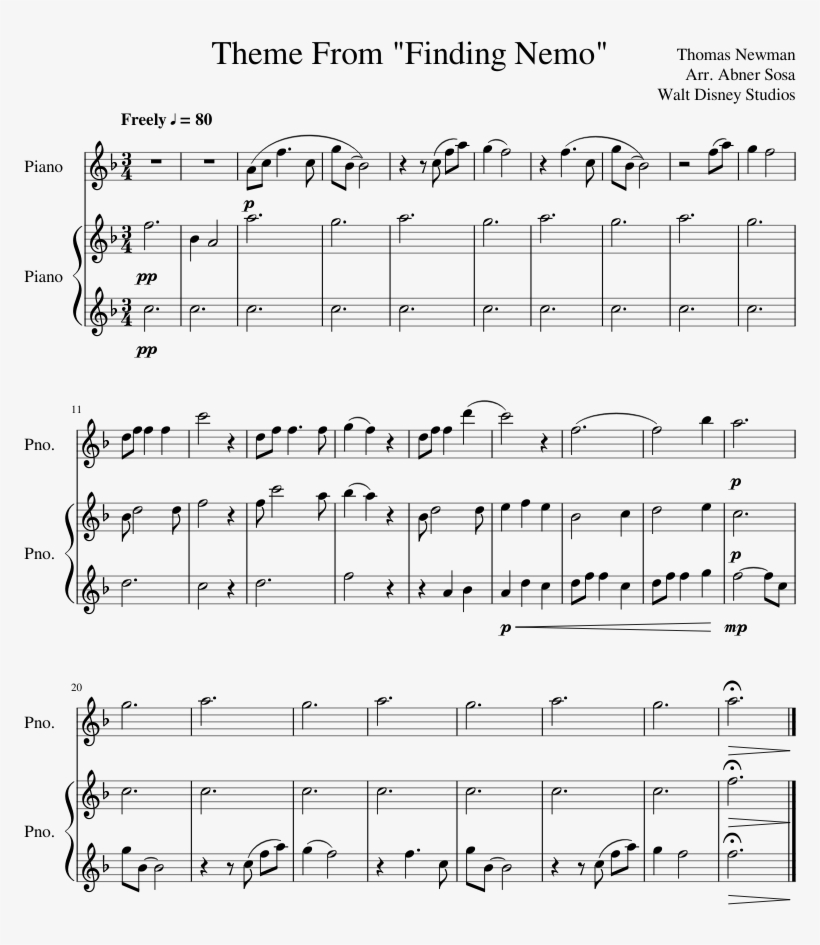 Theme From Finding Nemo Sheet Music For Piano Download, transparent png #7157491