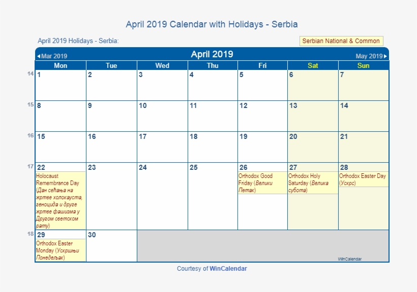 April 2019 Calendar With Serbia Holidays To Print, transparent png #7167538