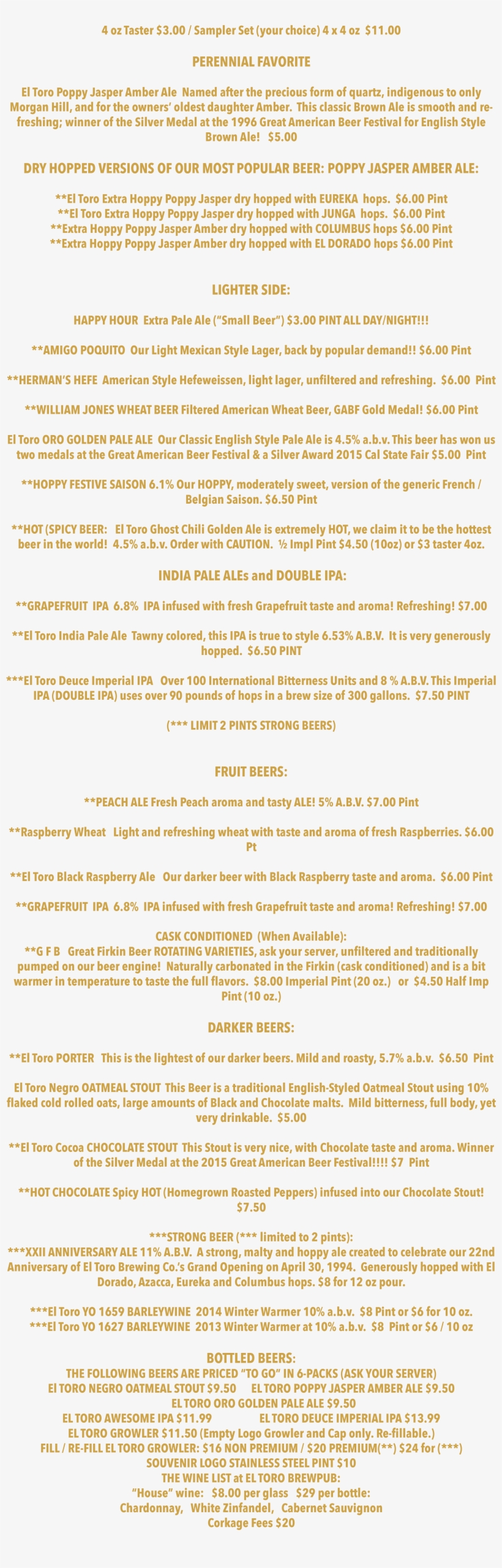 El Toro Brewpub Beer & Wine List, transparent png #7199186