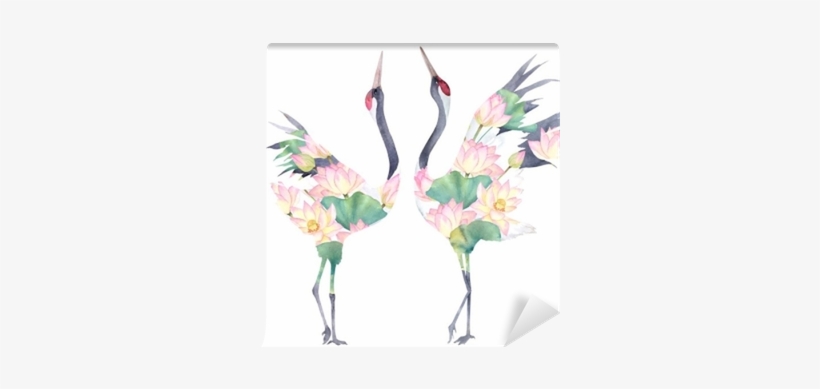 Watercolor Print With Crane Of Lotus Flowers - Japanese Flower By Season Watercolors, transparent png #726170