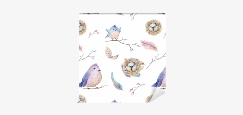 Watercolor Spring Rustic Pattern With Nest, Birds, - Clipart Watercolor Illustrations Spring, transparent png #727604