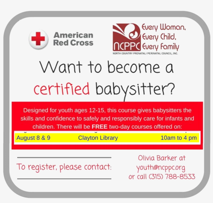 Ncppc Will Conduct A 2 Day Red Cross Babysitter Certification - Red Cross Babysitting Course Ad, transparent png #728041