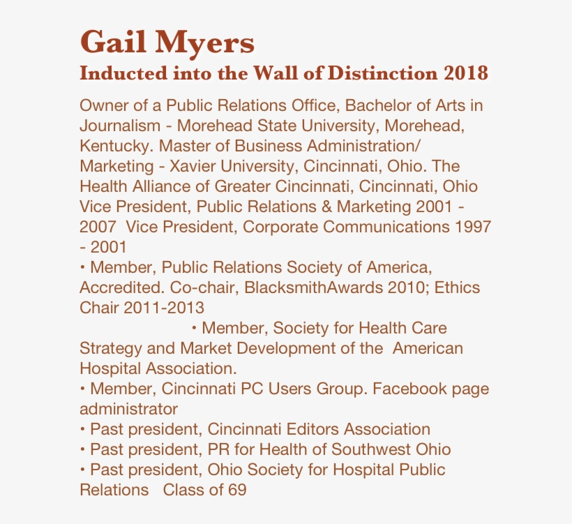 Gail Myers Inducted Into The Wall Of Distinction 2018, transparent png #7273828