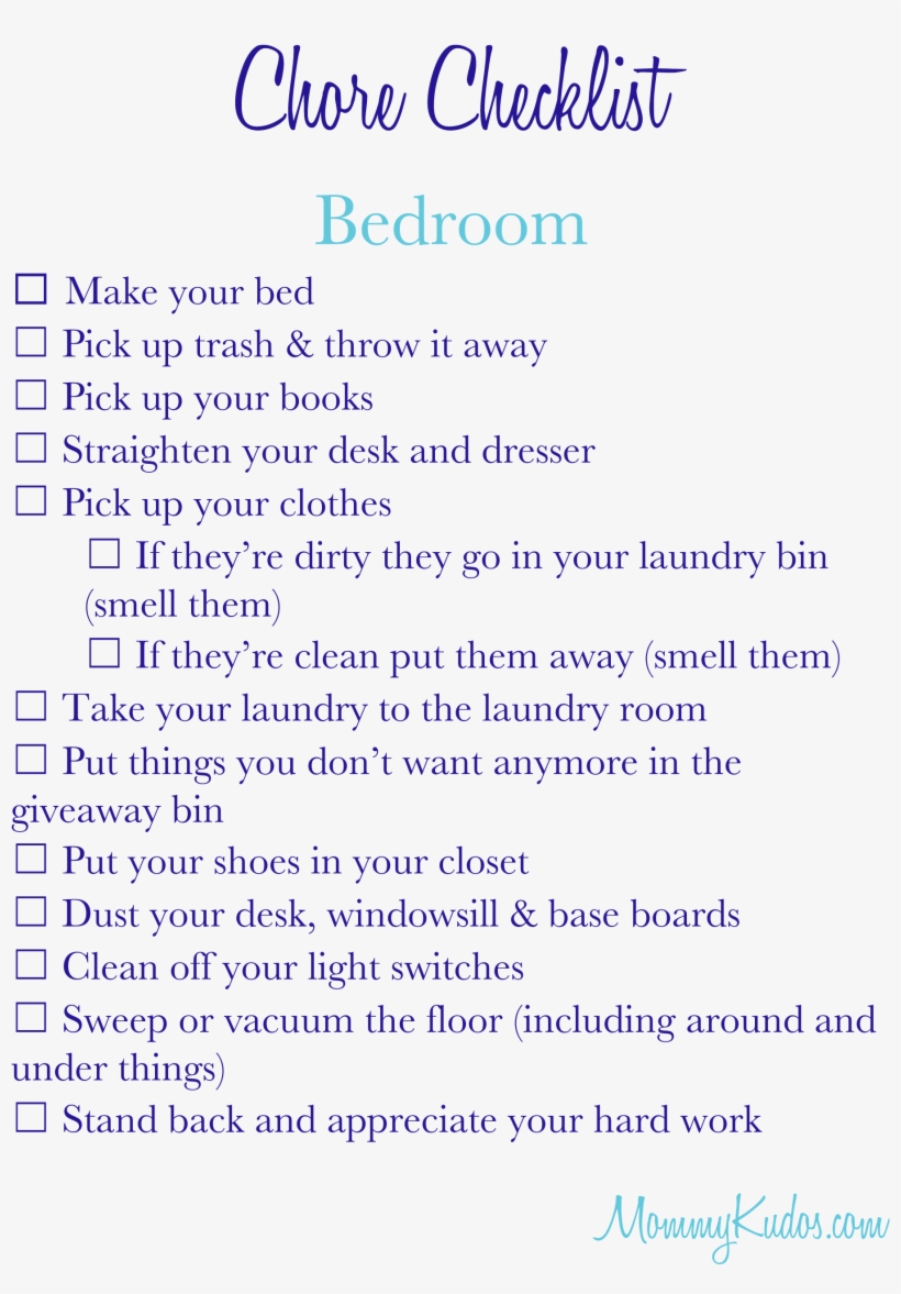 Mommy Kudos Chore Checklist- Tween Or Teen Bedroom, transparent png #7288444