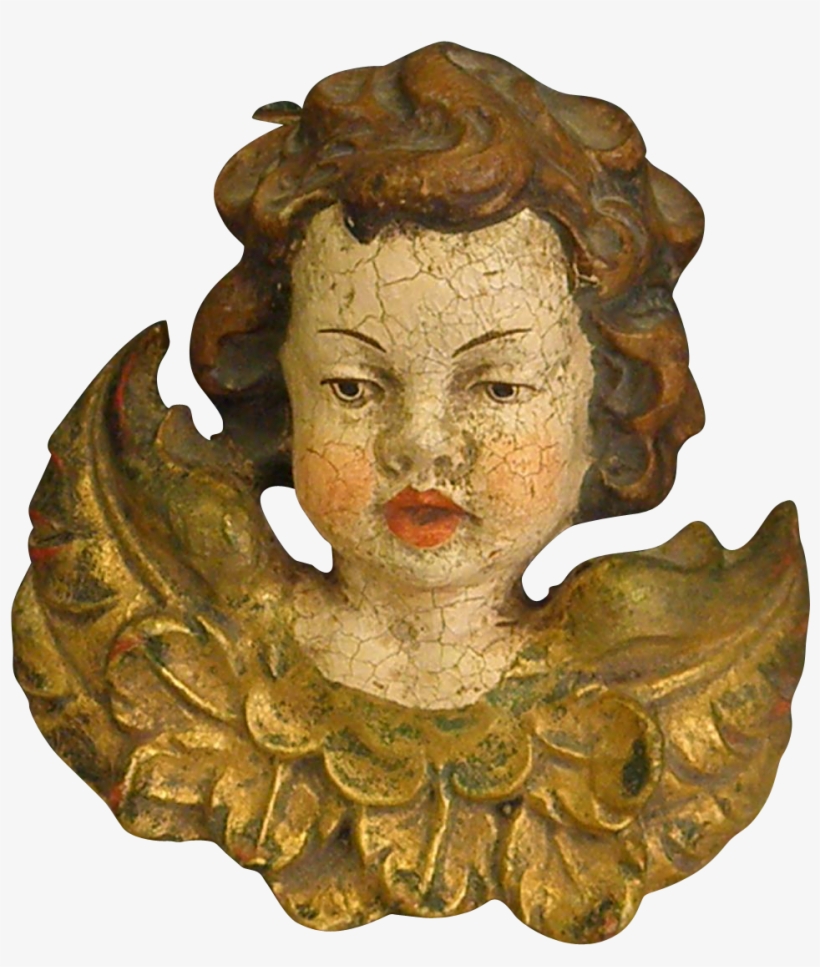 Vintage Carved Wood Polychrome Putto Angel Cherub, transparent png #7292884