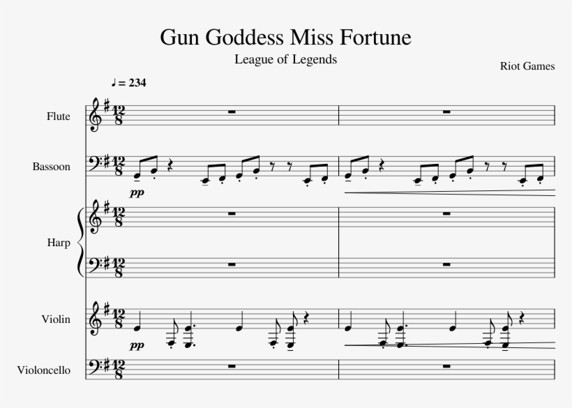 Gun Goddess Miss Fortune Sheet Music For Flute, Violin,, transparent png #7296215