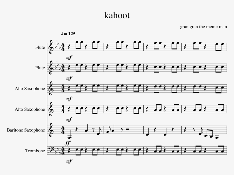 Kahoot Sheet Music For Flute, Alto Saxophone, Baritone, transparent png #7315894