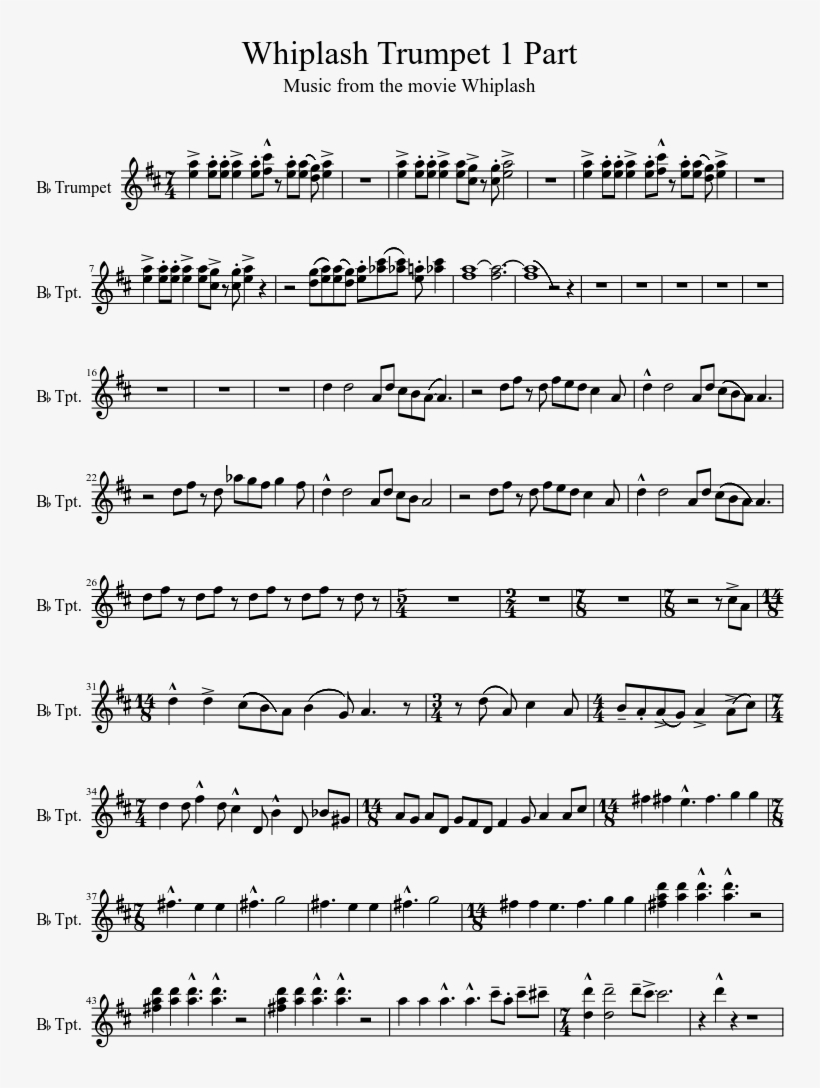 Whiplash Trumpet 1 Part Sheet Music 1 Of 2 Pages, transparent png #7377038