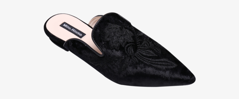 Pointed Toe Embroidered Velvet Flat Shoes Black Flat - Miou House Shoes, transparent png #742552