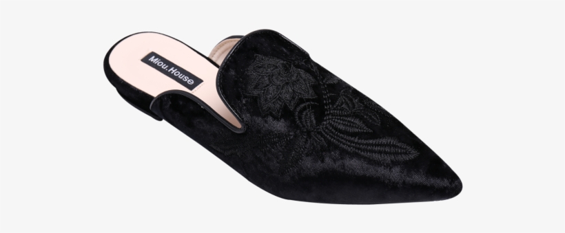 Pointed Toe Embroidered Velvet Flat Shoes Black Flat - Miou House Shoes, transparent png #742552