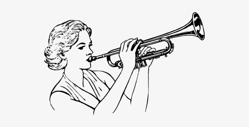 Trumpet Black And White Brass Instruments French Horns - Playing Trumpet Clipart Black And White, transparent png #759642