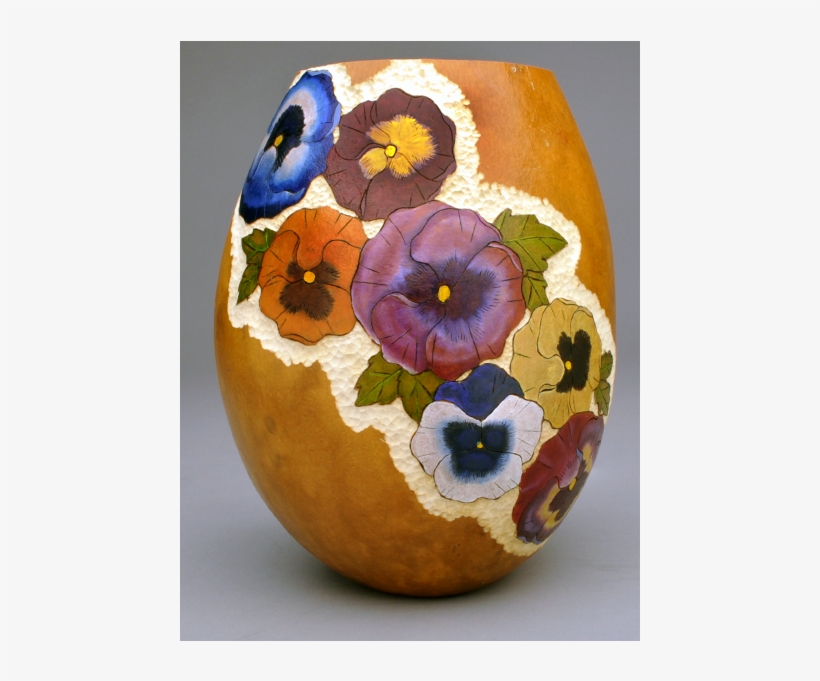 This Gourd Vase Has 7 Wood Burned And Painted Pansies, transparent png #7539686