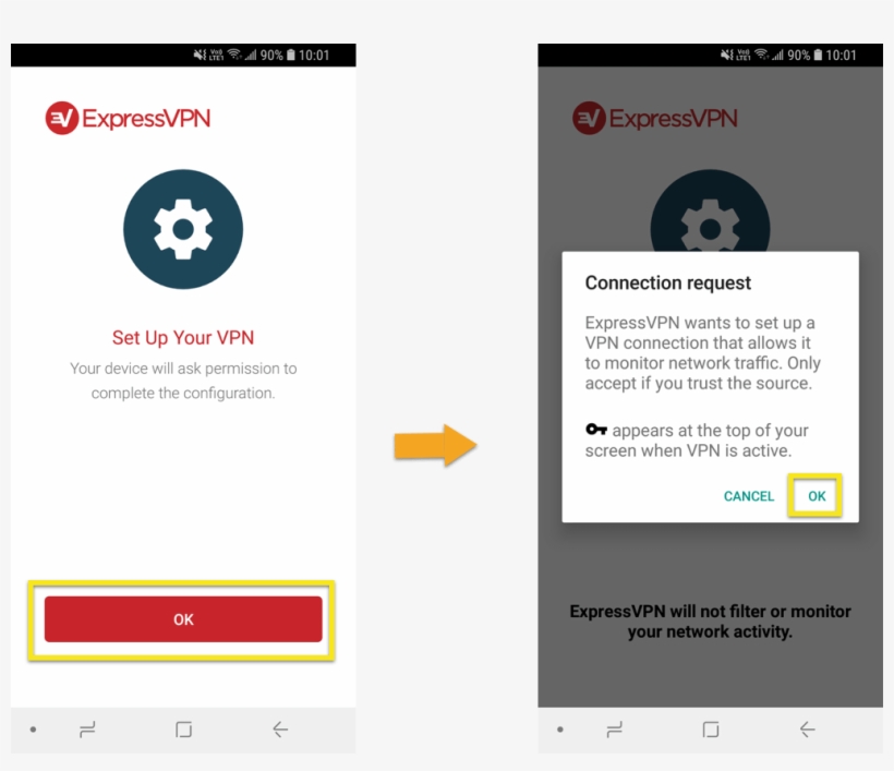 Expressvpn Setup And Connection Request Screens With, transparent png #7580247