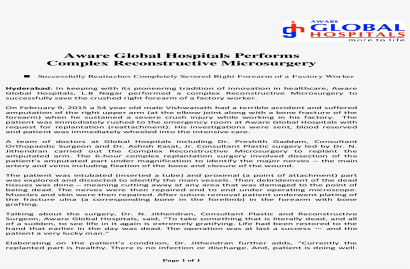 Aware Global Hospitals Performs Complex Reconstructive, transparent png #7581230