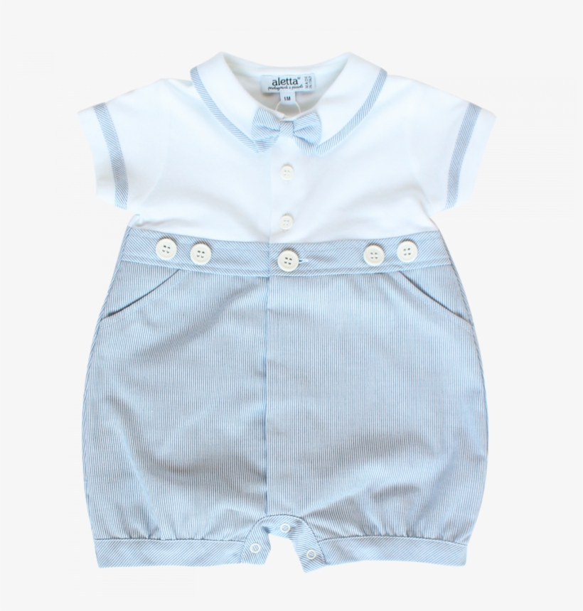 Babygrow In White And Blue Cotton With Bow-tie - Cotton, transparent png #7600270