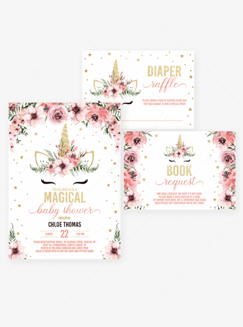 Unicorn Baby Shower Invitation Bundle Pink And Gold - Unicorn Gold Baby Shower, transparent png #7615883