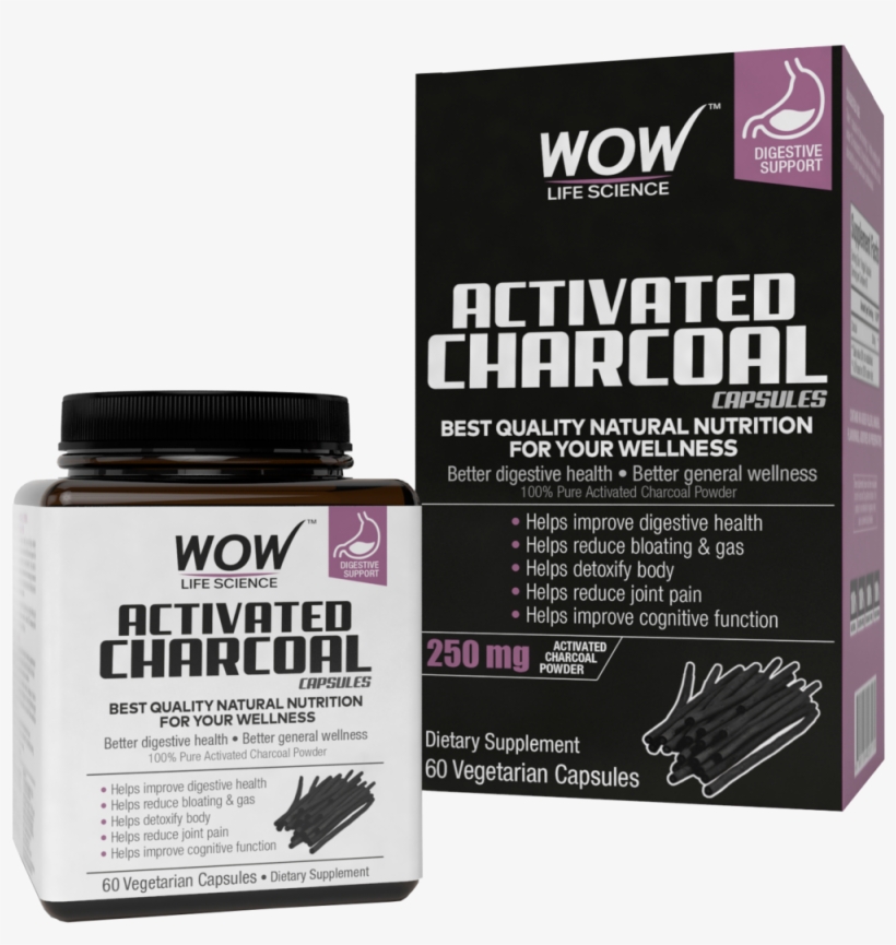 Wow Life Science Activated Charcoal 60 Capsules - Wow Activated Charcoal Capsules, transparent png #7617343