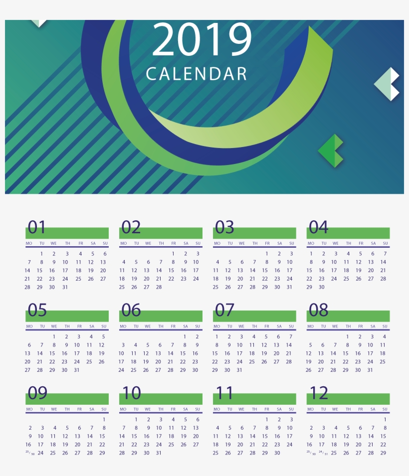 Blue Curve New Year Calendar 2019 Vector - Number, transparent png #7637595