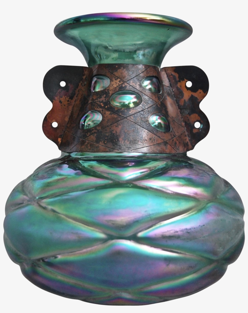 Bohemian Iridescent Glass Vase W/copper Band, C - Vase, transparent png #7665348