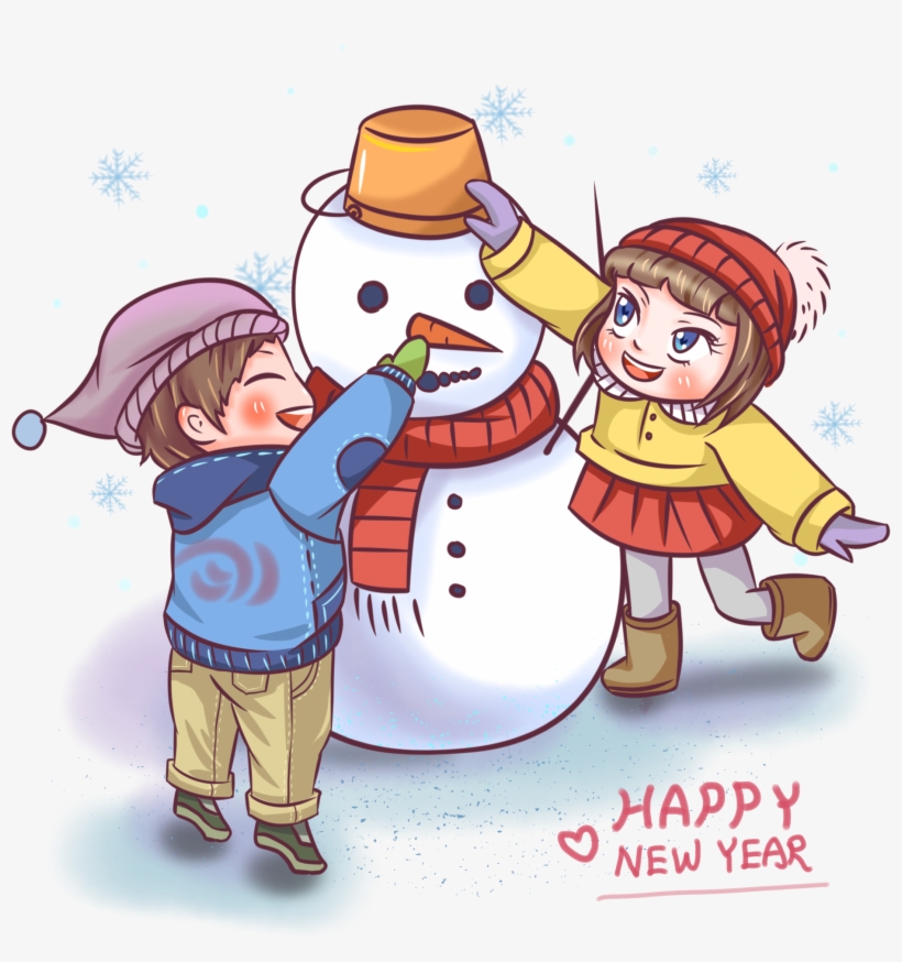 New Year Playful Scene Play Snowman Child Png And Psd - Cartoon, transparent png #7684549