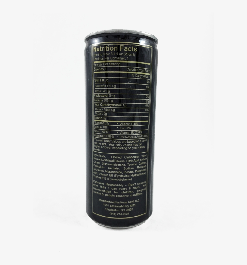 Kona Gold Sugar Free Energy Drink Nutrition Facts - Caffeinated Drink, transparent png #7719941