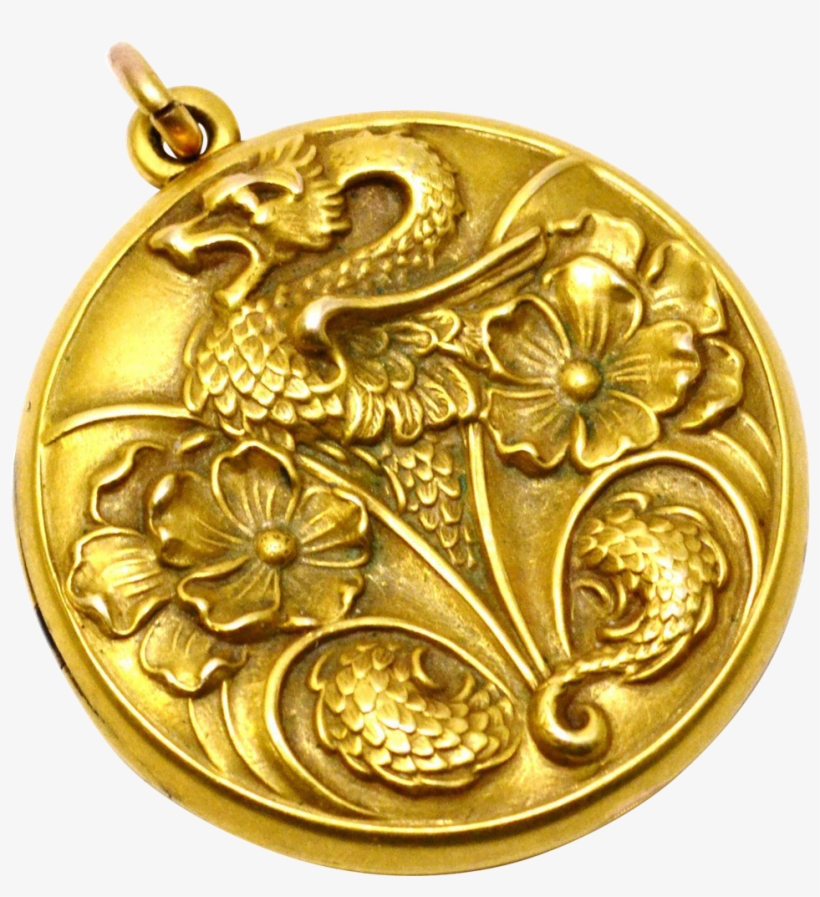 Antique Victorian 14k Gold Dragon And Flowers Repousse - Brass, transparent png #7724913