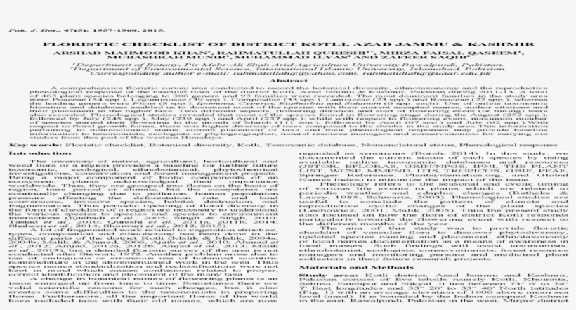 Floristic Checklist Of District Kotli, Azad Jammu Kashmir - Document, transparent png #7738125