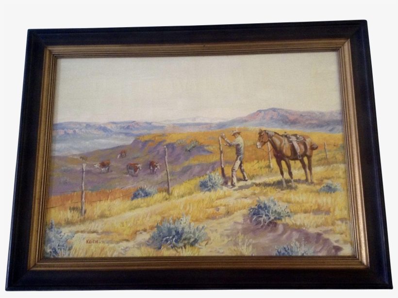 Keith Christie, Oil Painting, Cowboy Repairing A Broken - Cowboy Fixing Barbed Wire Fence, transparent png #7777471