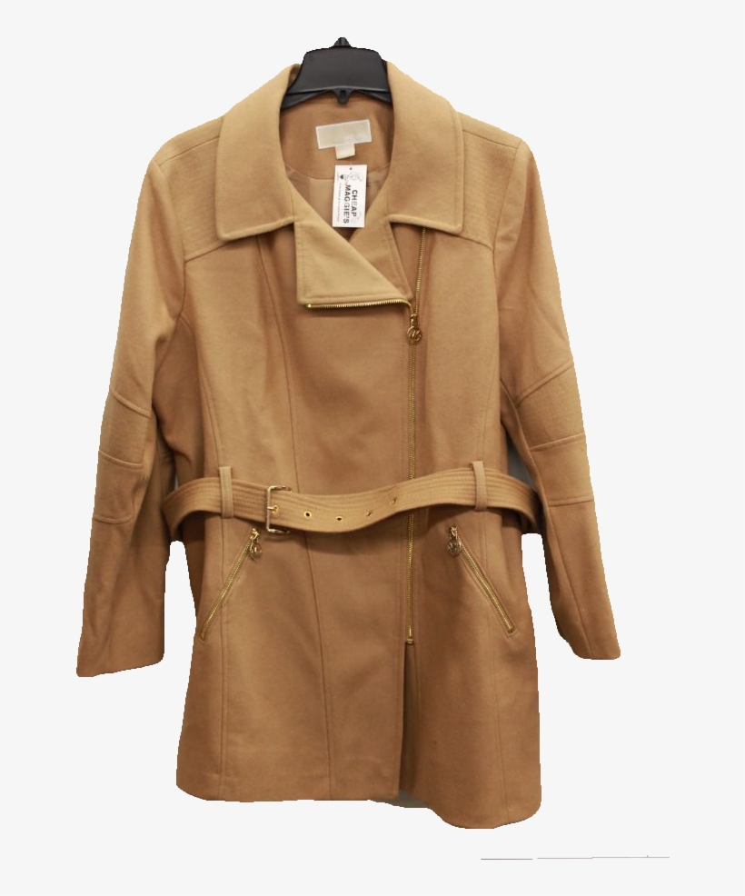 Michael Kors Women's Tan Full-zip Wool Coat, Size Pxxl - Leather Jacket, transparent png #7783203