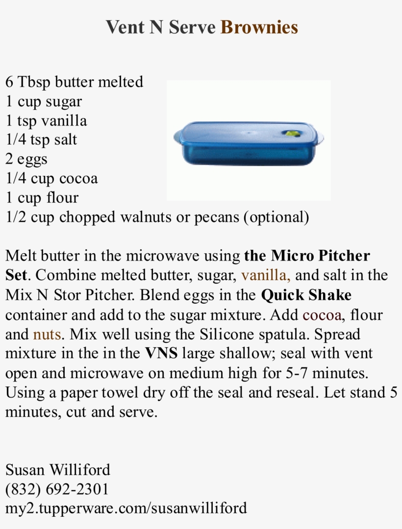 Vent N Serve Brownies Recipe Tupperware Recipes, Microwave - Document, transparent png #7789424