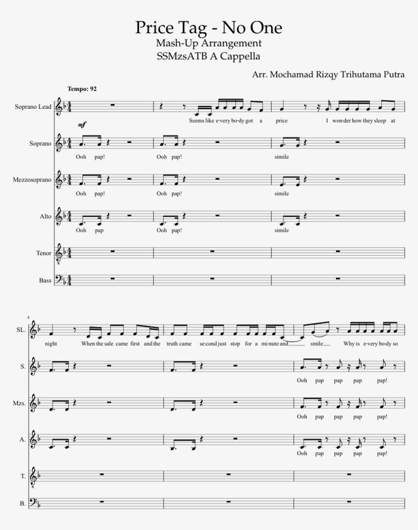 Price Tag/no One Mashup Sheet Music For Voice Download - Cuphead Acapella Sheet Music, transparent png #7799583