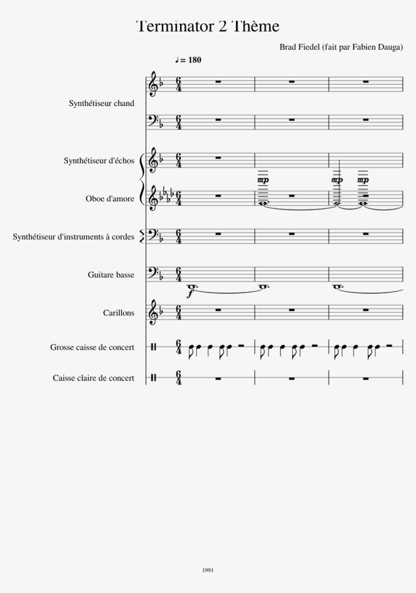 Terminator 2 Thème Sheet Music For Synthesizer, Oboe, - Sheet Music, transparent png #7826634