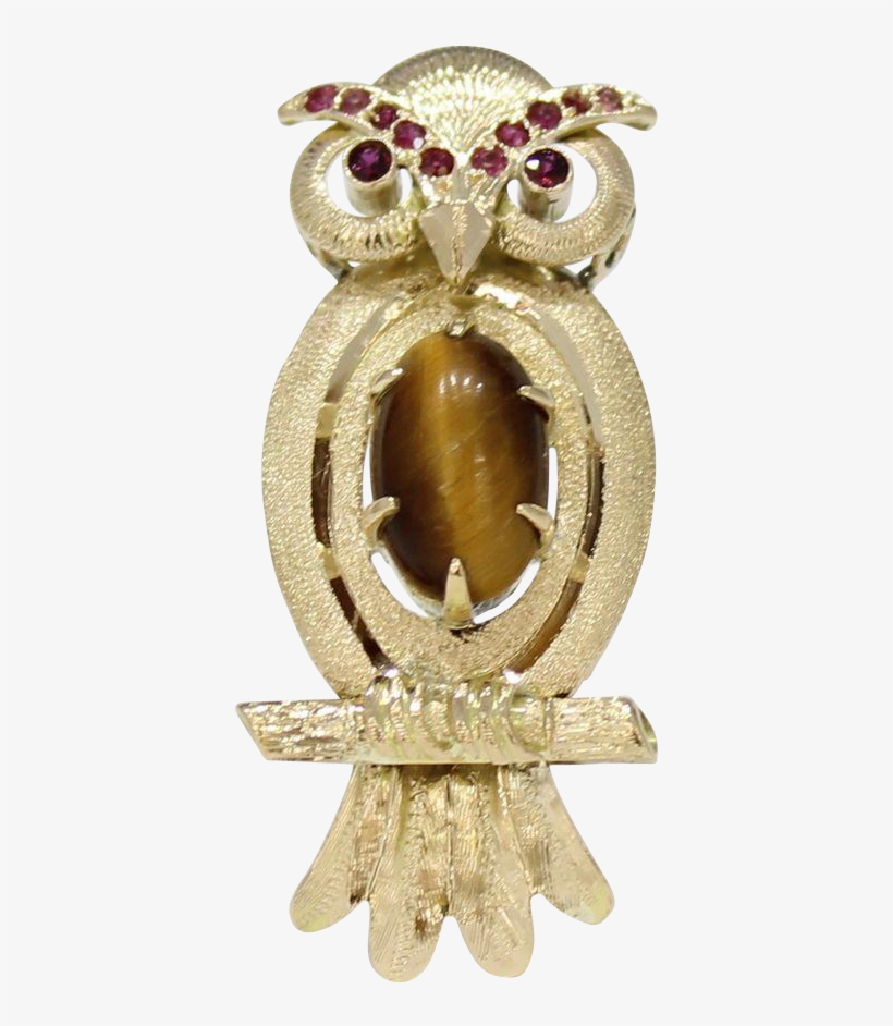 Vintage 14k Gold Owl Bird Brooch With Tiger Eye And - Screech Owl, transparent png #7837394