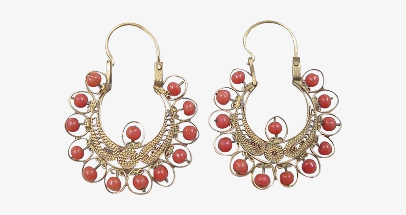 Victorian 21k Gold Red Coral Filigree Hoop Earrings - Earrings, transparent png #7861594