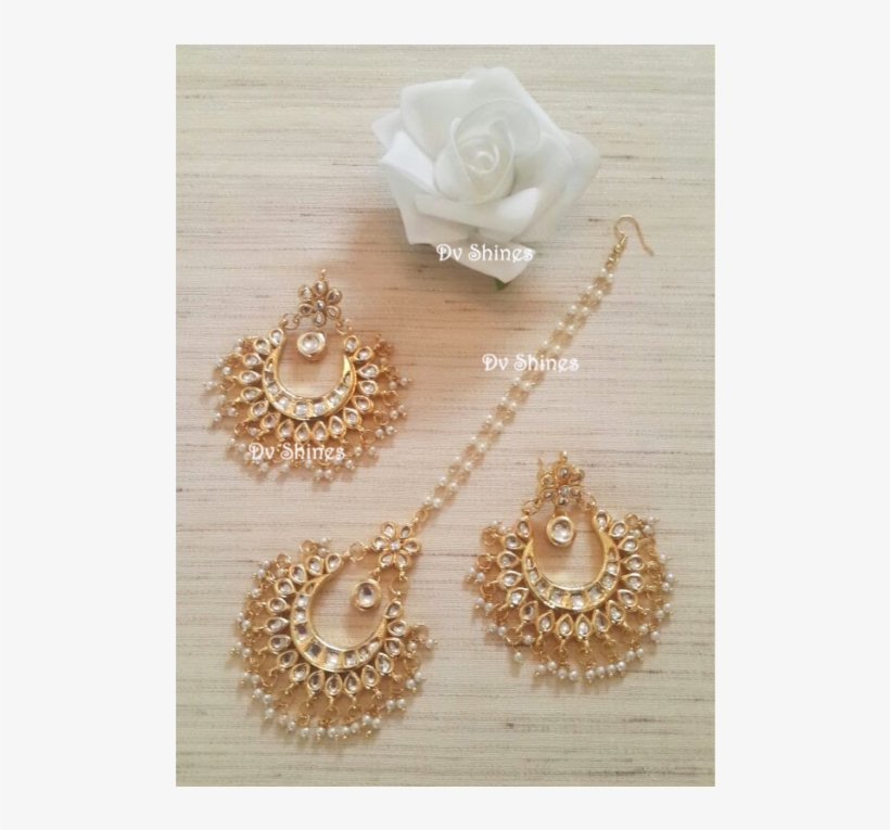 Medium Size Beautiful Mangtikka Set In Pearls - Earrings, transparent png #7895723