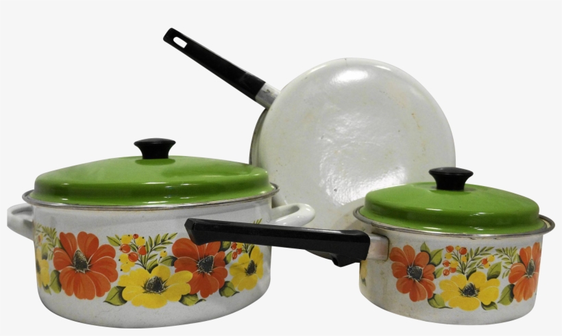 Orange Yellow Flower Porcelain Enamel Cookware Set - 1970s Pots And Pans, transparent png #7927070