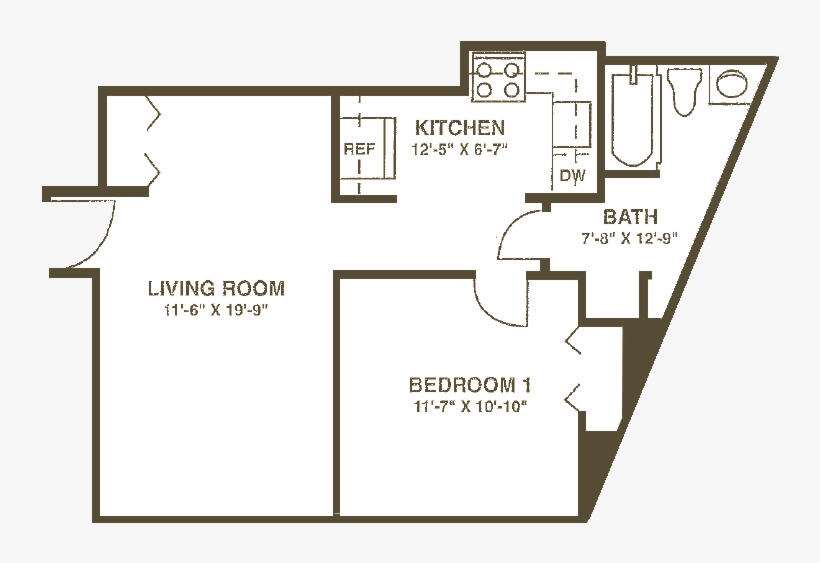 One Bedroom, 589 Square Feet, Corner Apartment One - 589 Square Feet Apartment, transparent png #7928836